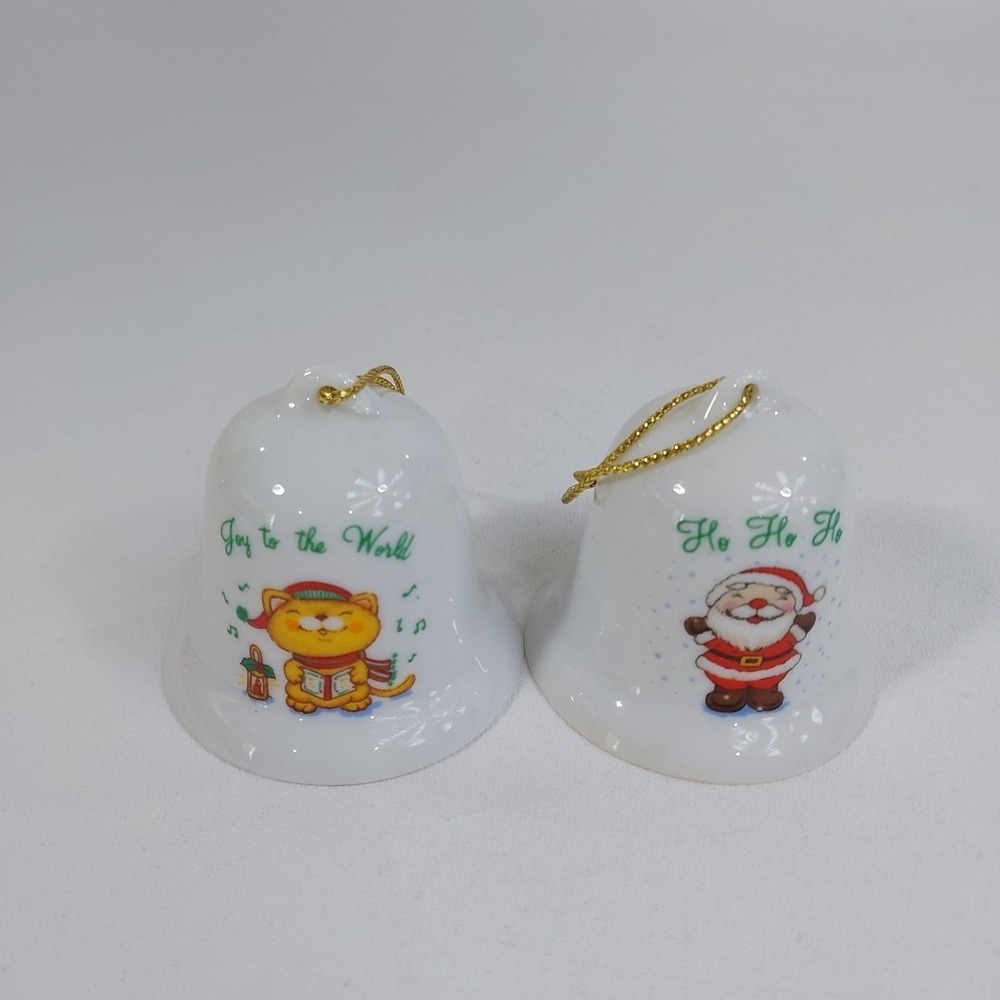Vintage Russ Berrie Santa Claus And Cat Ornament Porcelain Bells Set 2 1980s